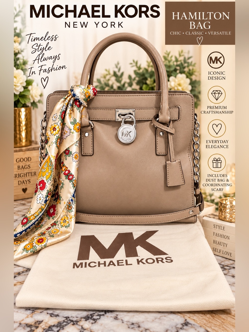 Michael Kors Taupe Satchel with Floral Accent Scarf